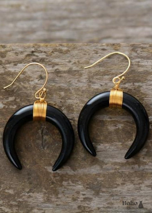 Pendientes bohemios, pendientes colgantes, cuerno de buey, concha, media luna de ónix blanco y negro